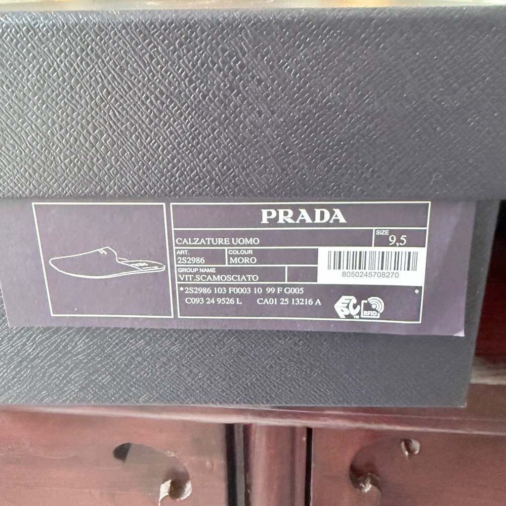 Prada 2S2986 Brown Suede Mules Gold Logo Slip On Loafers Mens Shoes 9.5 - Picture 11 of 11